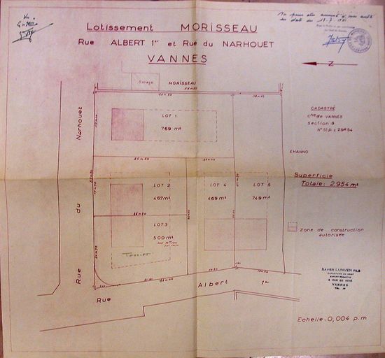 Vue générale : plan du lotissement Morisseau dressé par X. Lunven, 1951. AM Vannes 1O221.