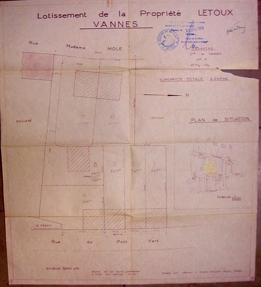 Vue générale : plan du lotissement Letoux par X. Lunven, 1953. AM Vannes 1O221.