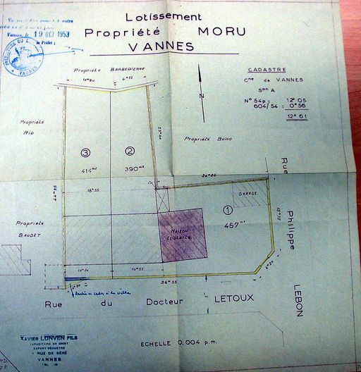 Vue générale : plan parcellaire du lotissement Moru dressé par X. Lunven, 1953. AM Vannes 1O221.