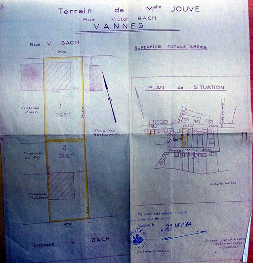 Vue générale : plan du lotissement Jouve, 1954. AM Vannes 1O221.