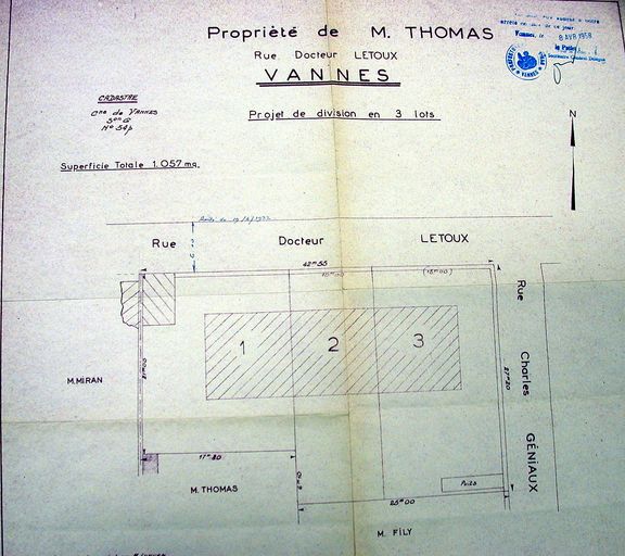 Vue générale : plan du lotissement Thomas par Lunven, 1958. AM Vannes 1O221.