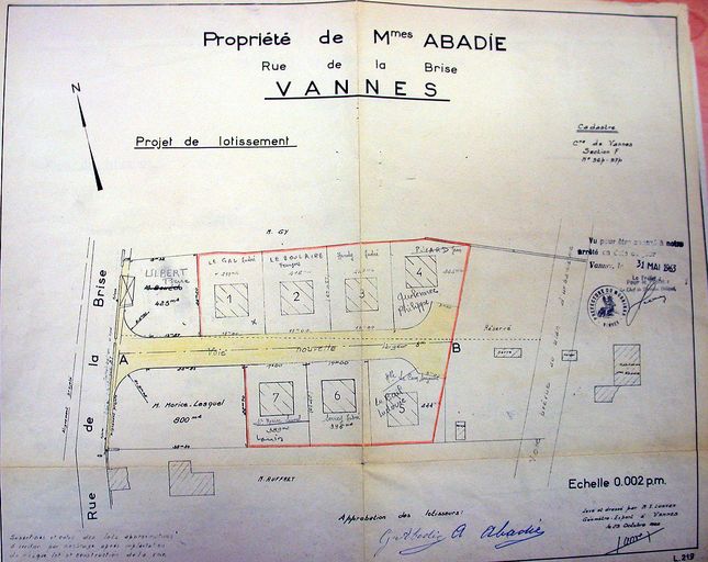 Vue générale : plan du lotissement Abadie dressé par X. Lunven, 1962. AM Vannes 1O221.