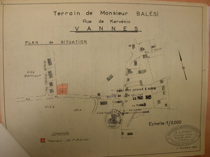 Vue générale du projet de lotissement établi sur le terrain appartenant à monsieur Balesi par X. Lunven, 1963. AM Vannes 1O221.