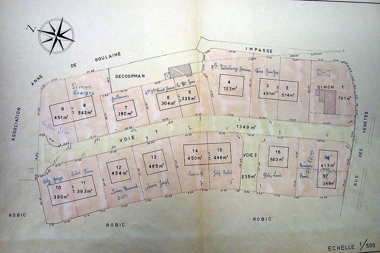 Vue générale : plan du lotissement Simon, 1963. AM Vannes 1O221.