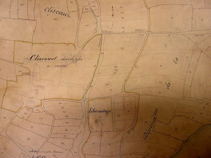 Vue de l'emprise de l'écart de Cliscouet sur le cadastre de 1844, section F. AM Vannes 21 Fi.