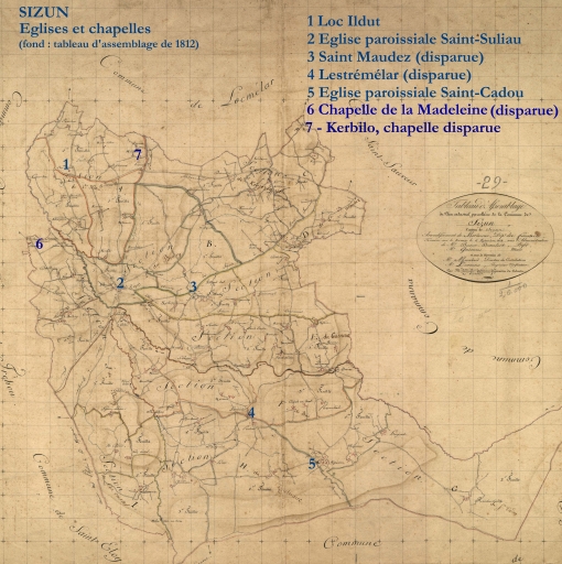Localisation des édifices religieux sur fond du tableau d'assemblage de 1812
