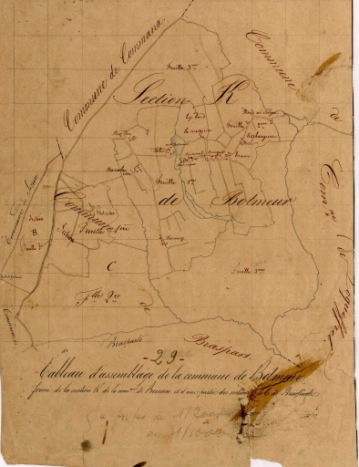 Tableau d'assemblage de 1850. Ancienne section K du cadastre de la commune de Berrien (A.D. Finistère, 3 P 83)