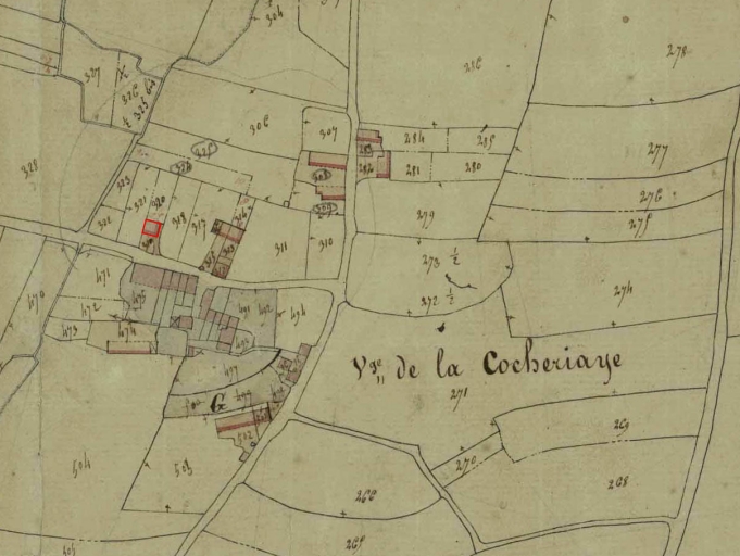 Cadastre de 1834 ; édifice cerné en rouge à gauche ; Le hameau sur le cadastre de 1834