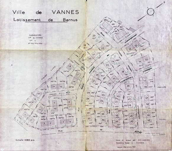 Plan du lotissement de Bernus par Xavier Lunven, 1956. AM Vannes 1O221.