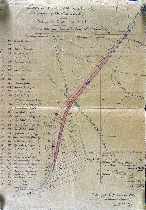 Extrait du plan cadastral section H ancien chemin de Vannes à Arradon : portion abandonnée par suite de la rectification des pentes, 7 janvier 1861. AM Vannes 1 O 218.