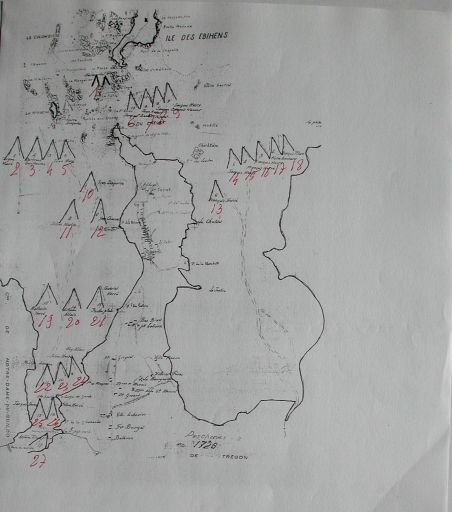 Plan de situation des pêcheries en 1726 d'après l'inventaire de Le Masson du Parc (collection particulière Michel Le Chapelier)