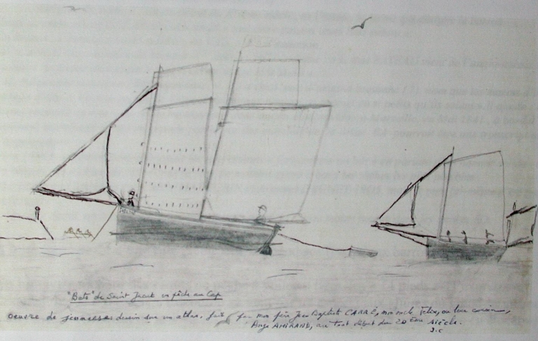 Dessin d'un 'bâti' de St-Jacut en pêche au Cap Fréhel, par J. B. Carré, au début du 20ème siècle : Jean-Baptiste et Félix Carré, Ange Amirand (collection particulière)