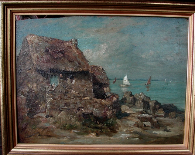 Peinture d'une chaumière à l'entrée du port de Loguivy, début 20ème siècle (collection particulière)