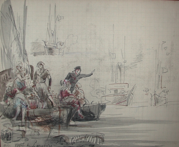 Dessin aquarellé de Louis-Marie Faudacq : scène de débarquement d'un canot de pêche, armé par des femmes au port de Loguivy-de-la-Mer (collection particulière) ; Dessin aquarellé de Louis-Marie Faudacq : scène de débarquement d'un canot de pêche, armé par des femmes au port de Loguivy-de-la-Mer, fin 19ème siècle (collection particulière)
