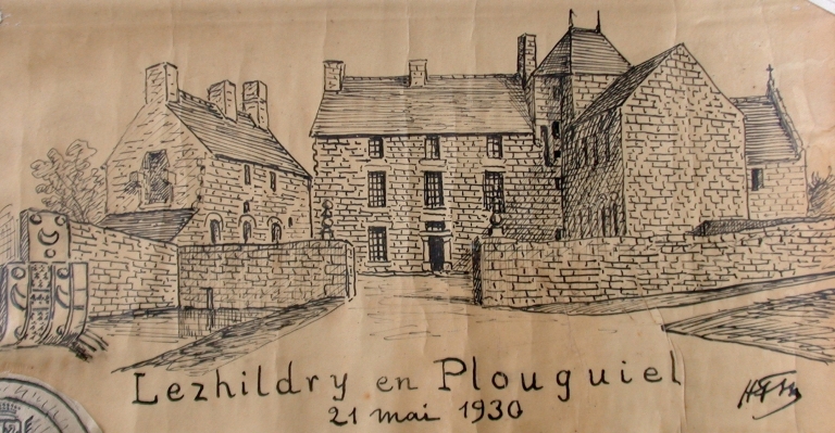Vue générale du manoir de Lezildry, élévation antérieure sur cour, d'après croquis du vicomte Henri Frotier de la Messelière, 21 mai 1930 (AD 22) ; Plouguiel, vue générale du manoir de Lezildry, élévation antérieure sur cour, d'après croquis du vicomte Henri Frotier de la Messelière, 21 mai 1930 (AD 22)