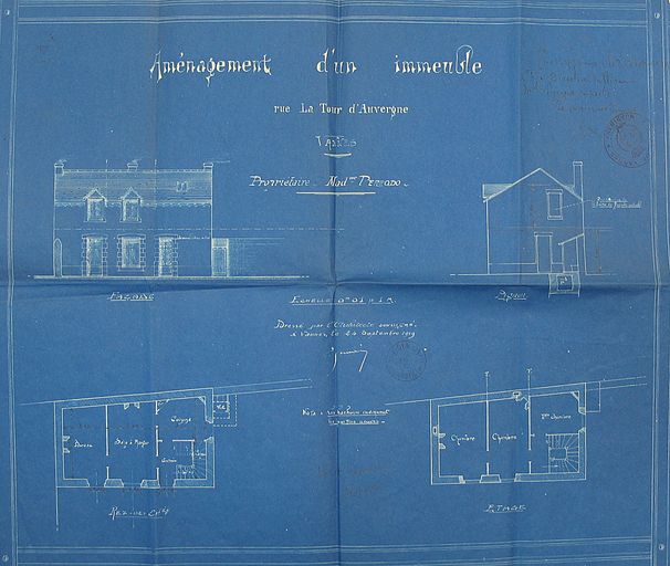 Elévation, plan et coupe de la maison Perrodo par E. Gemain, 1919. AM Vannes 5I162.