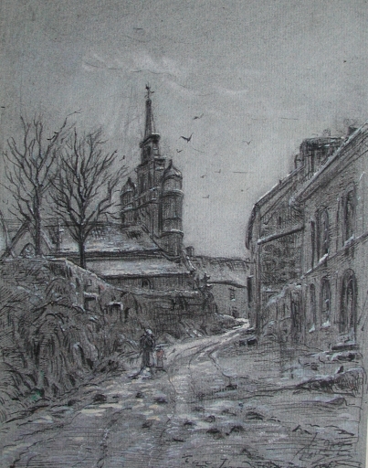 Dessin de Faudacq : la côte qui mène depuis le port au bourg de Lézardrieux, 3ème quart 19ème siècle, avec l'ancien mur, portant la croix (collection particulière)