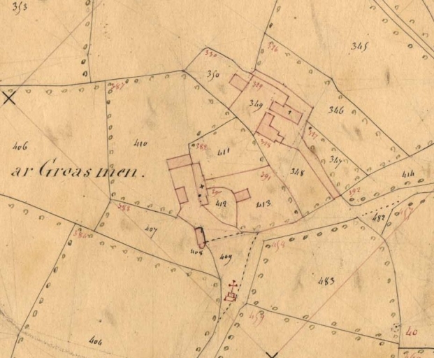 Ar Groas Men. Extrait du cadastre de 1847, section C3 (A.D. 29, série 3P 265) ; Ar Groas Men. Extrait du cadastre de 1847, section C3 (A.D. 29, série 3P 265)