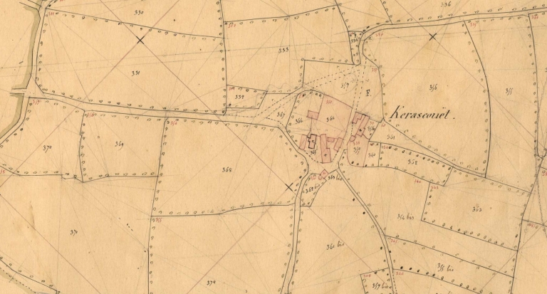 Manoir de Kerascoët. Extrait du cadastre de 1847, section B3 (A.D. 29, série 3P 265) ; Manoir de Kerascoët. Extrait du cadastre de 1847, section B3 (A.D. 29, série 3P 265)