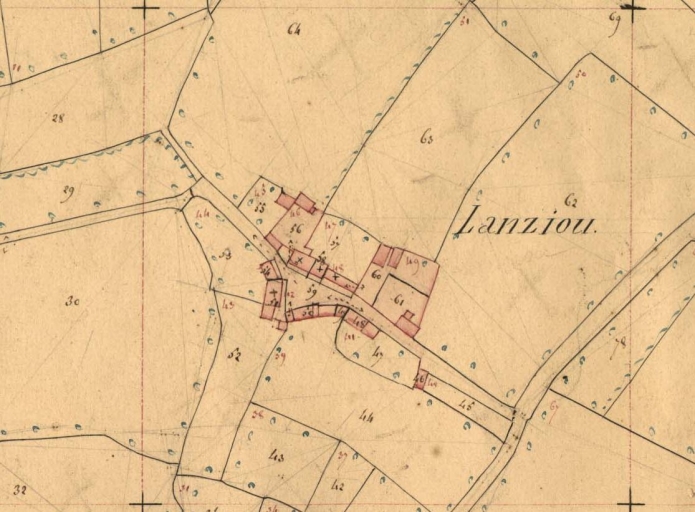 Lanziou. Extrait du cadastre de 1847, section E1 (A.D. 29, série 3P 265) ; Lanziou. Extrait du cadastre de 1847, section E1 (A.D. 29, série 3P 265)