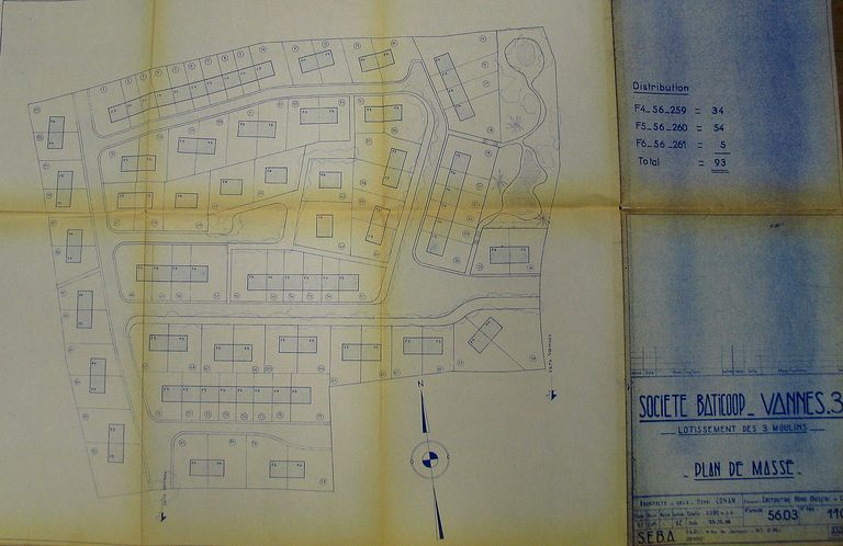 Plan masse du lotissement des Trois Moulins par Henri Conan, architecte, 1956. AM Vannes 1O221.