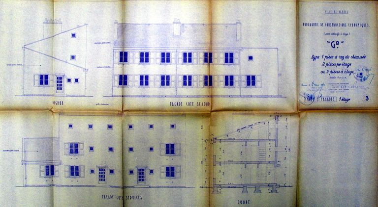 Programmes de constructions économiques, type à 1 étage : coupes et façades par Romualdo-Hautefage, 1951. AM Vannes 5M204.