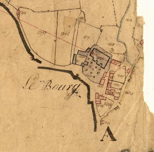 Extrait du cadastre ancien de la commune de Loguivy-Plougras, 1834 : Saint-Divy (en lavis bleu : la chapelle Saint-Ivy et son presbytère)