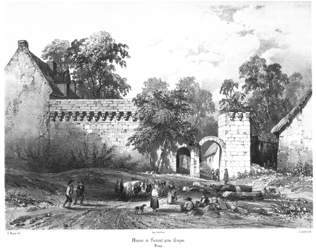 Le manoir en 1846. Gravure de Jacotet d'après un dessin de Mayer  ; Kerioul. Le manoir en 1846. Gravure de Jacotet d'après un dessin de Mayer 