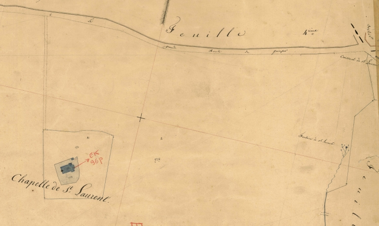 L'ancienne chapelle (détruite). Extrait du cadastre de 1830, section 24, feuille 4 (A. D. Finistère 3P 45) ; Tal ar Groas en 1830. Extrait du cadastre ancien, section 24, feuille 4 (A. D. Finistère 3P 45)