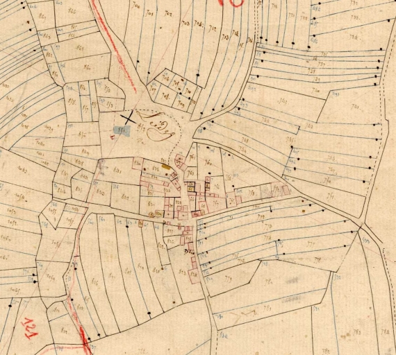 Le hameau de Saint-Jean Leïdez en 1830. Extrait du cadastre ancien, section 13 (A.D. Finistère, 3P 45) ; Chapelle Saint-Jean-Leïdez (disparue) en 1830. Extrait du cadastre ancien (A.D. du Finistère, 3P 45)