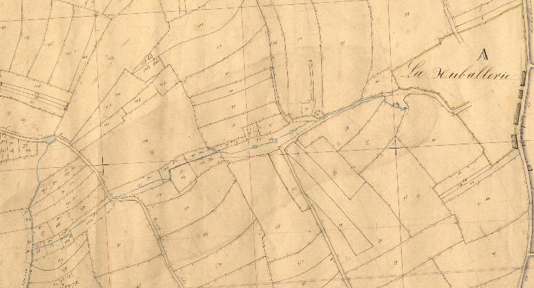 Extrait du cadastre de 1843, emplacement des routoirs, a proximité du village