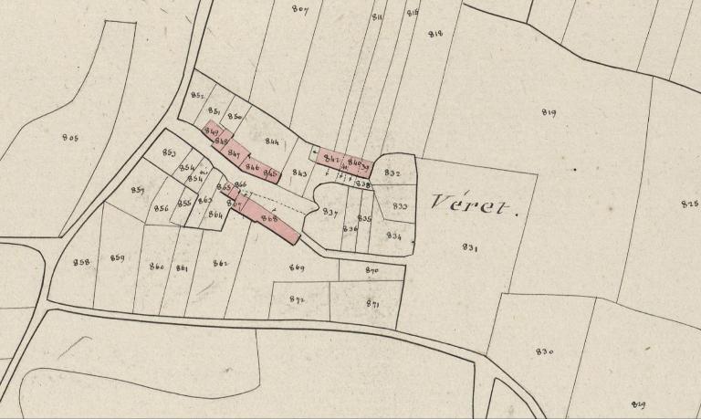 L'écart de Véret sur le cadastre de 1825 (A. D. du Morbihan, 3P 269/10) ; La maison sur le cadastre de 1825 (A. D. du Morbihan, 3P 269/10)