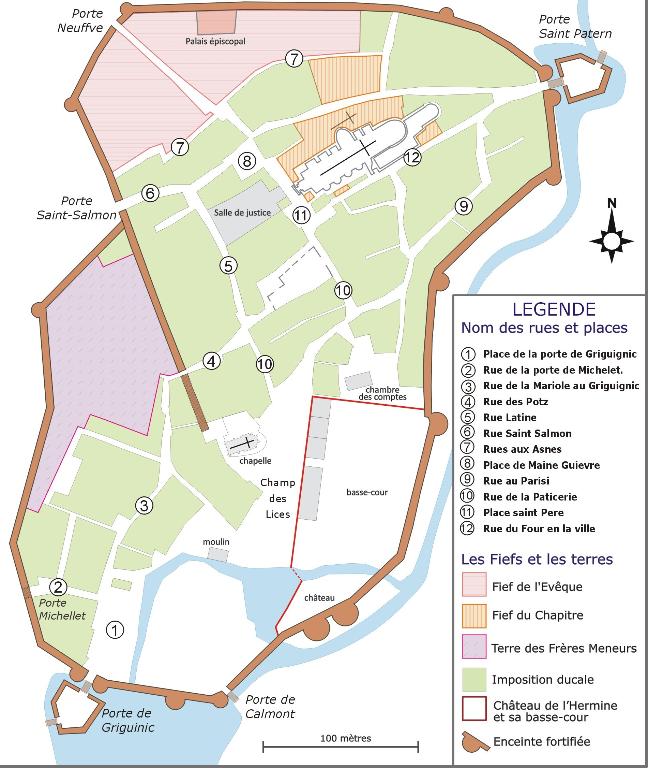 Dénomination des rues, places et portes de ville d'après les données du livre rentier (1455-1458). Fonds de plan : cadastre napoléonien de 1809. Dessin Marion Mauvais.. ; Dénomination des rues, places et portes de ville d'après les données du livre rentier (1455-1458). Fonds de plan : cadastre napoléonien de 1809. Dessin Marion Mauvais.