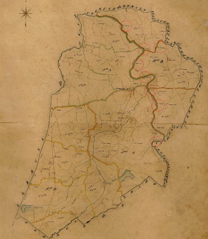 Les huit moulins à papier de Vieux-Vy-sur-Couesnon (cadastre napoléonien) ; Les huit moulins à papier de Vieux-Vy-sur-Couesnon (cadastre napoléonien) ; Les huit moulins à papier de Vieux-Vy-Sur-Couesnon (cadastre napoléonien)