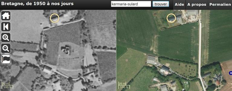 "Kermaria-Sulard, le bourg : emplacement du château de Kergoff. Dans le cercle jaune, la métairie nord (source : site Internet, ""Bretagne, de 1950 à nos jours"")"
