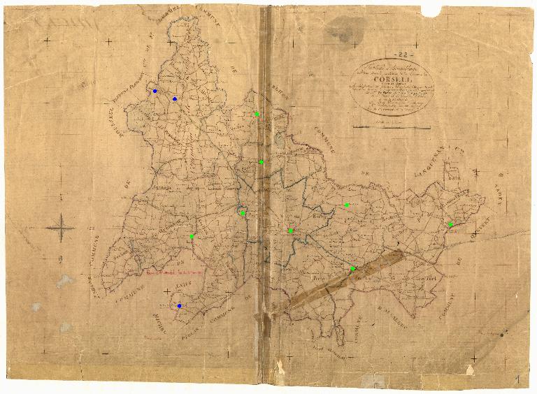 Cadastre ancien avec emplacement des édifices religieux sur l'ensemble du territoire de Corseul en 1827. 