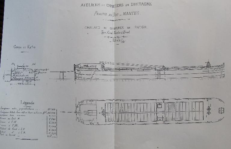 Coupe du chaland de commerce dressée par Ateliers et chantiers de Bretagne, Prairie au Duc.