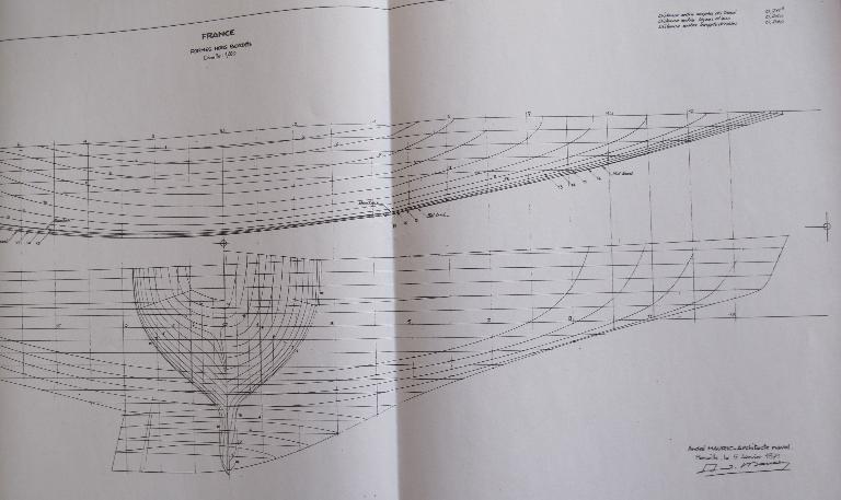 Plan du France, signé André Mauric, architecte naval, daté du 5 janvier 1971 (reproduction partielle)