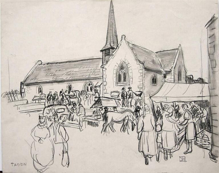 Marché autour de l'église, vue sud-est, croquis par Yvonne jean-Haffen, vers 1944