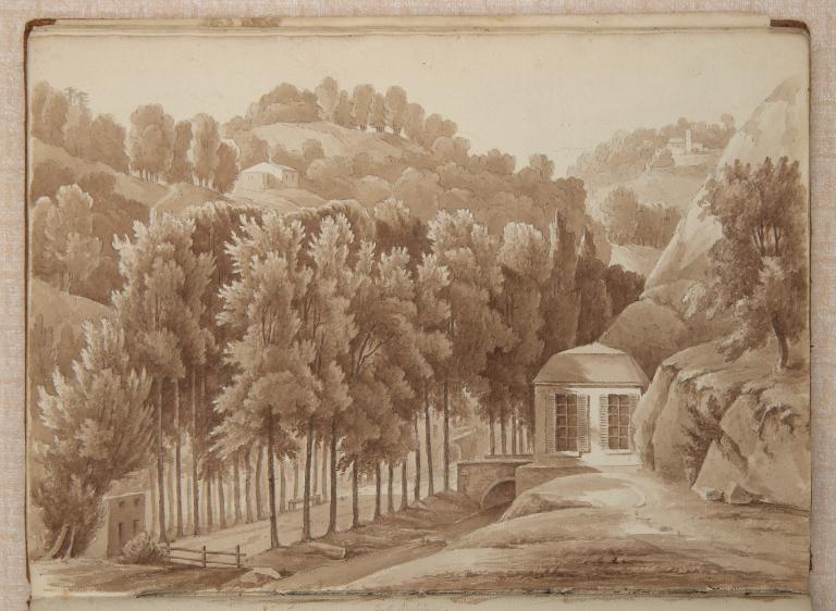 La promenade et le pavillon , lavis par François-Agathon du Petit-Bois, Album de Dinan, 1807. Coll.Bibliothèque municipale de Dinan