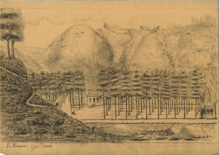 Promenade et pavillon, La Fontaine près de Dinan, dessin anonyme, vers 1810. Coll. Bibliothèque municipale de Dinan