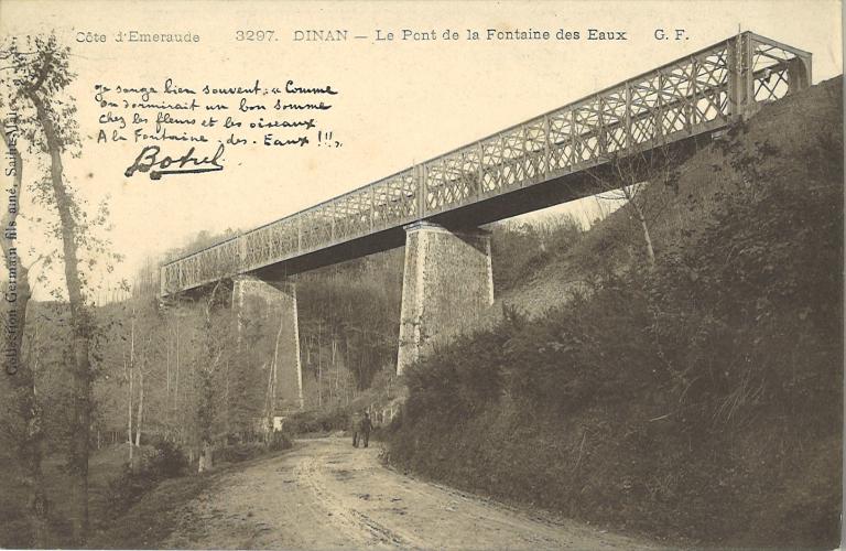 Le Pont de la Fontaine des Eaux, carte postale, vers 1900, Germain fils ainé. Coll. Bibliothèque municipale de Dinan