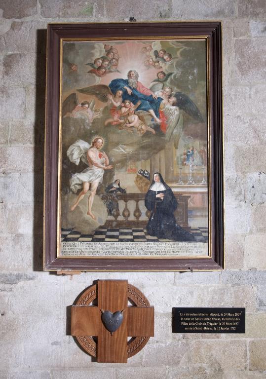 Tréguier : cathédrale Saint-Tugdual, tableau (18e siècle) et cardiotaphe en plomb de soeur Hélène Vorèse, fondatrice du couvent des Filles de la Croix de Tréguier le 29 mars 1667
