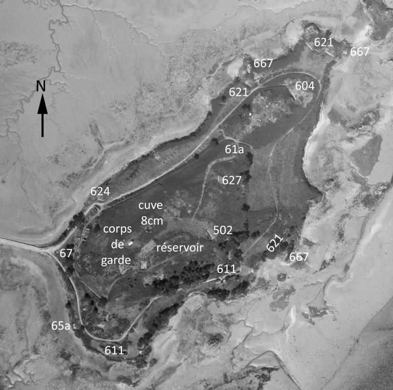 Vue aérienne verticale de l’île à Bois (source : Institut géographique national ; annotations : Alain Bohée)