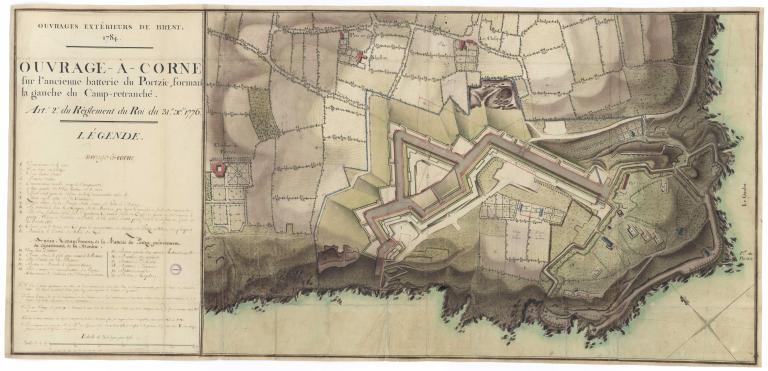 Plan de l'ouvrage à corne sur l'ancienne batterie du Portzic formant la gauche du camp retranché, 1784 (Archives départementales du Finistère, 9Fi1)