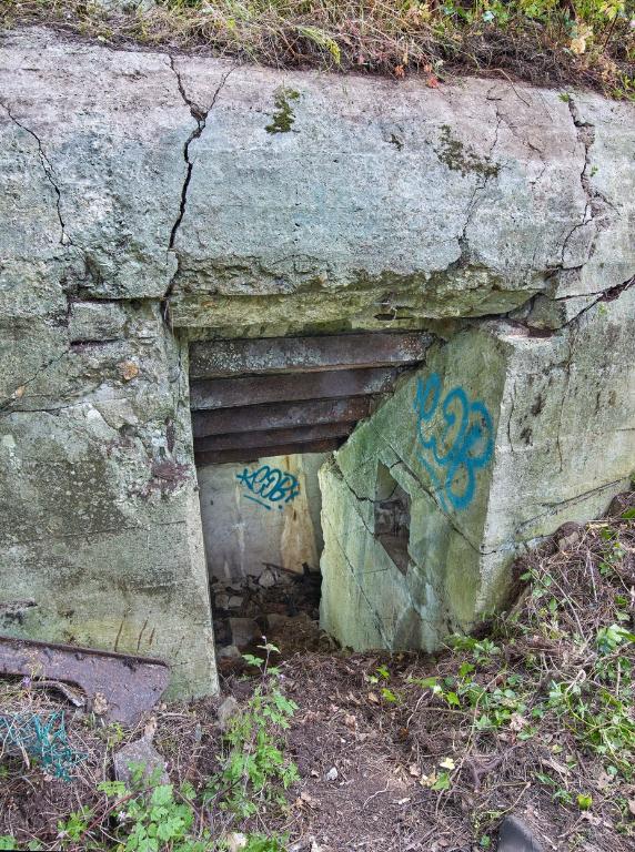 Vue du bunker - abri de type 502 situé à l'extrémité Est de la pointe : entrée Sud (ce type de bunker est dotée de deux entrées ; la seconde est murée). L'entrée Sud du bunker est partiellement murée par des parpaings (en partie basse). La tranchée d'accès est remblayée par des déchets ;  Vue de l'entrée Sud (partiellement murée par des parpaings et remblayée). Dalle de couverture et murs périphériques mesurent 2 m d'épaisseur. Le béton armé a pourtant été fissurée par l'explosion interne