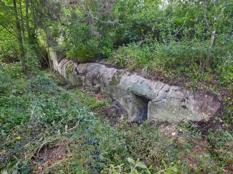 Vue du bunker - abri de type 502 situé à l'extrémité Est de la pointe : entrée Sud (ce type de bunker est dotée de deux entrées). La tranchée d'accès au bunker est remblayée par des déchets. A l'extrémité Nord se trouve, un poste d'observation et de tir de type 58c dit Tobruk-Stand ;  Vue générale depuis le Sud-sud-ouest. Ce type de bunker est dotée de deux entrées. A l'extrémité Nord se trouve, un poste d'observation et de tir dit Tobruk-Stand. La tranchée d'accès a été remblayée