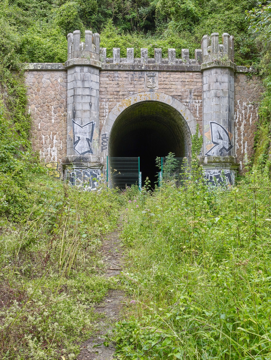 Vue de l'entrée côté Port du Légué dans le style néo-gothique : couronné de créneaux, le passage voûté en anse de panier est encadré par deux tours - pilastres crénelées décoratives. Les armoiries de Saint-Brieuc sont au centre de la composition