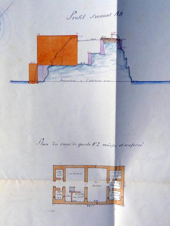 Projets pour 1860-1861, 5 février 1861 : détail de la planche, plan et coupe du projet, corps de garde n° 2 modifié et renforcé (collection : Service historique de la Défense)