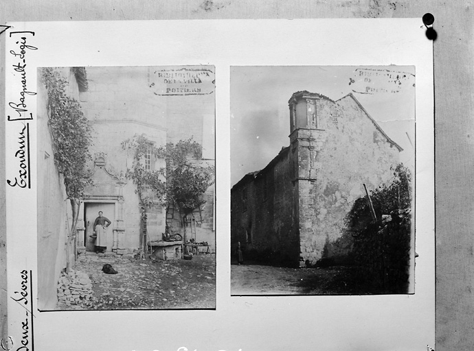 Vue ancienne, angle nord-ouest du logis, vue ancienne, tour avec porte.